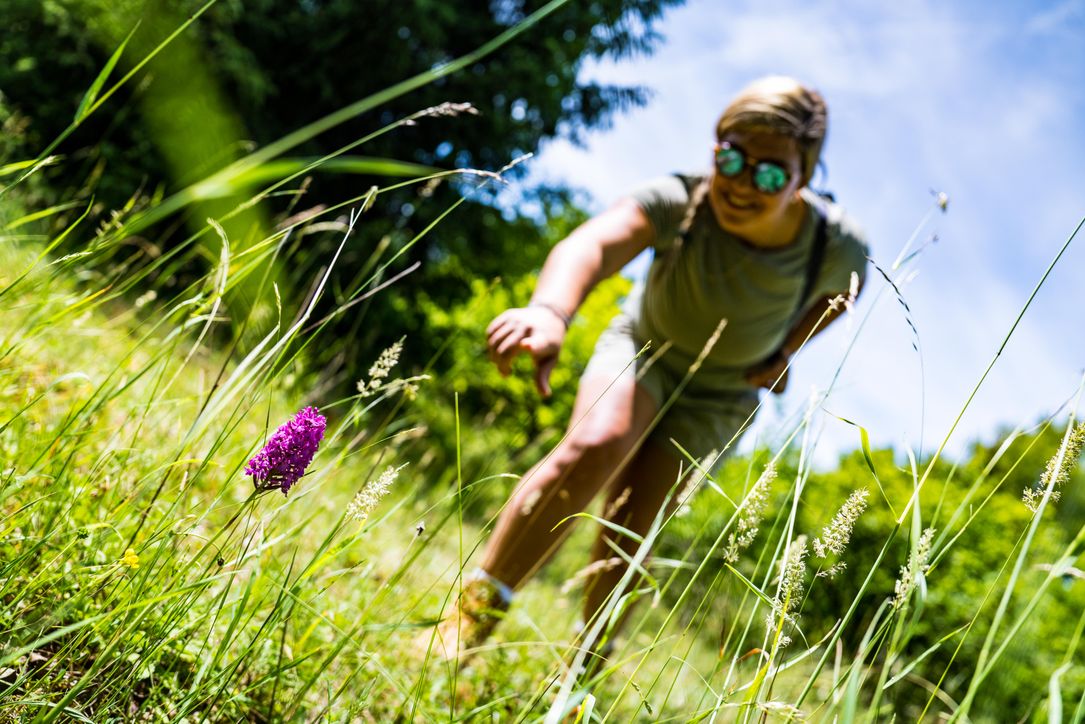 Une femme se penche et inspecte une orchidée pendant une randonnée