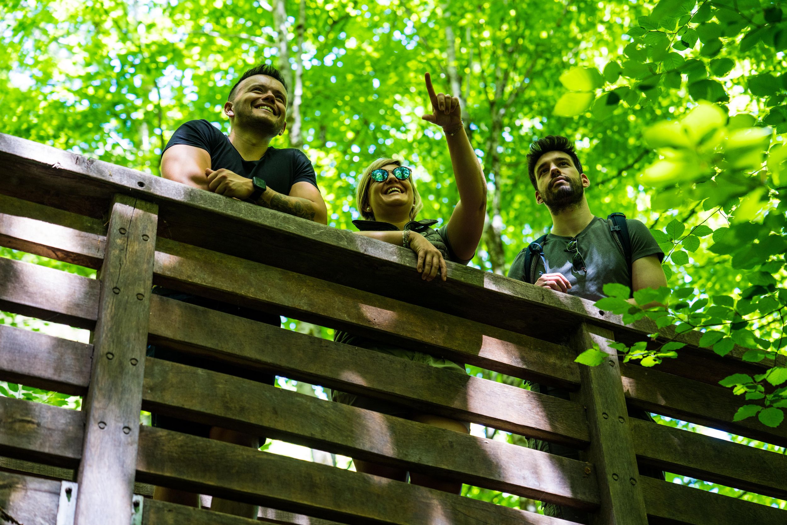 eine Wanderergruppe lehnt sich auf eine kleine Holzbrücke. Eine junge Frau deutet auf etwas in der Ferne